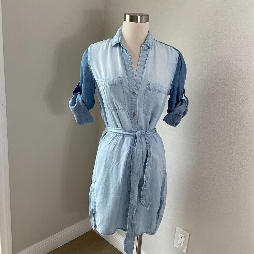Cloth & Stone Womens XS Chambray Shirt Dress Two Tone‎ Button Up Roll Tab Sleeve
